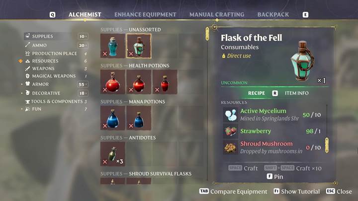 Craft flask of the fell in Enshrouded Thralls of Twilight Update.