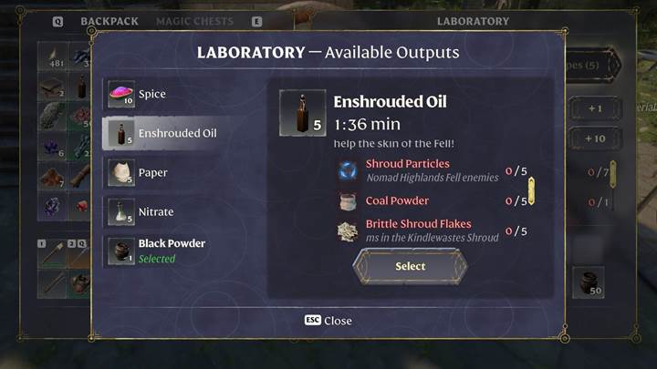Stelle Enshrouded Oil mit Miasma-Partikeln im Enshrouded Thralls of Twilight Update her.