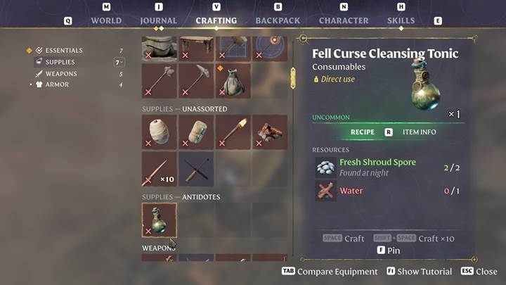Öffne das manuelle Crafting mit V in Enshrouded Thralls of Twilight Update.