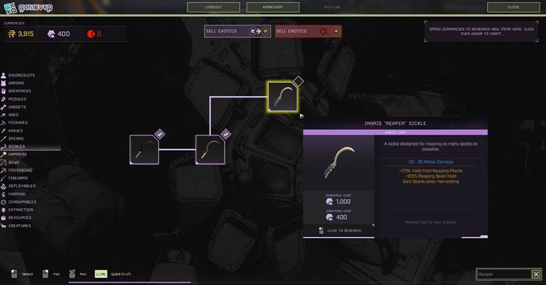 Abre el taller orbital y localiza la Hoz del Segador.