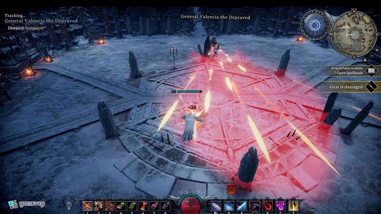 Muévete lateralmente al borde de la arena para evitar su lluvia de lanzas en la actualización Oakveil de V Rising.