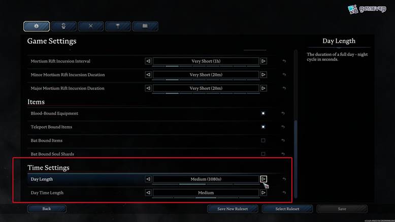 Ajusta la duración del día en la configuración del servidor antes de entrar a Oakveil.