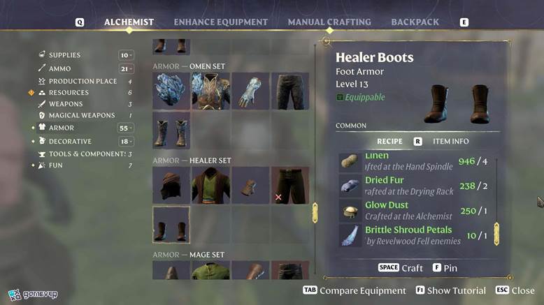 Crea piezas de armadura únicas para aumentar tus habilidades especiales en Enshrouded.