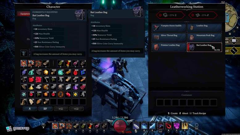 Equipa la Bolsa de Cuero de Murciélago en tu estación de curtido en la actualización Oakveil de V Rising.
