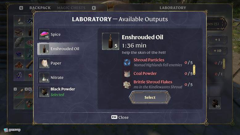 Fabrica Aceite Enshrouded con Partículas de Shroud en Enshrouded Thralls of Twilight Update.