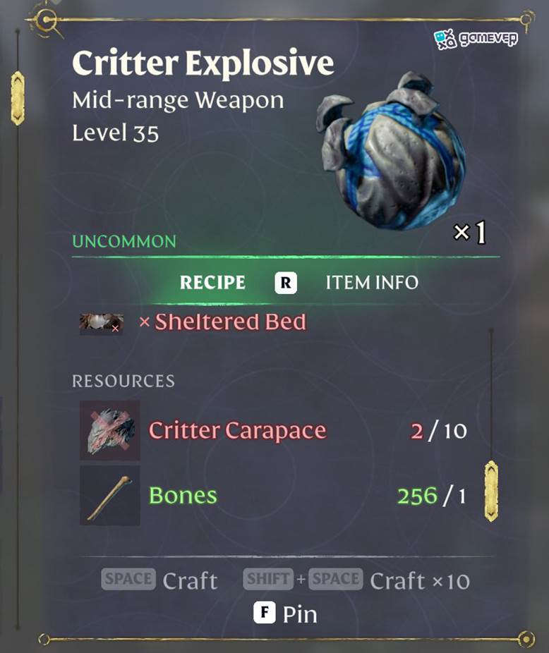 Forja bombas de criatura en el Alquimista en Enshrouded: Thralls of Twilight Update.