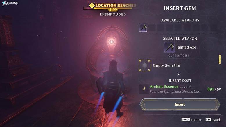 Inserta gemas en la forja de gemas en Enshrouded: Thralls of Twilight Update.