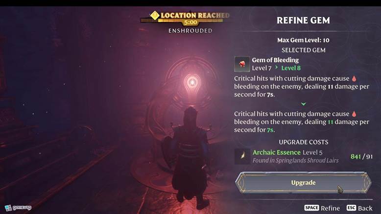 Mejora gemas en la forja de gemas en Enshrouded: Thralls of Twilight Update.