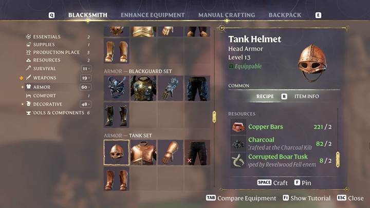 Besuche den Schmied, um neue Ausrüstung in Enshrouded Thralls of Twilight herzustellen.