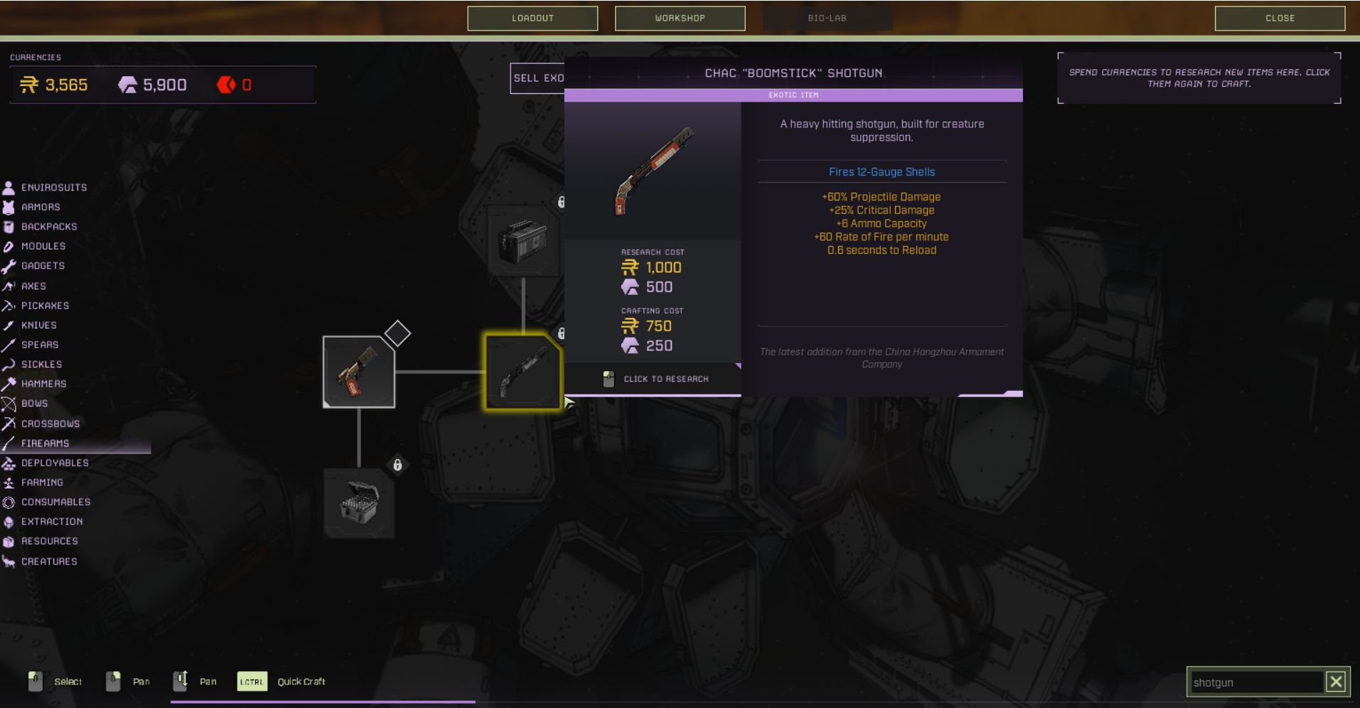 Open Workshop and unlock Chac Shotgun in Icarus
