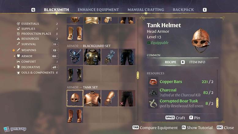Visita al Herrero para forjar nuevo equipo en Enshrouded Thralls of Twilight.