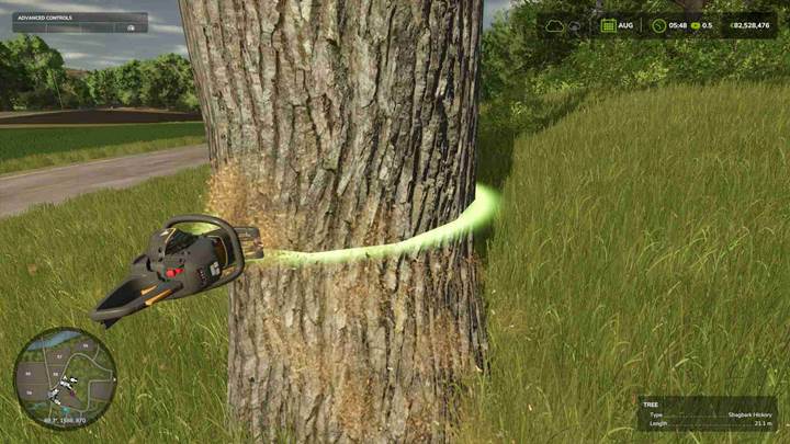 Zmierz się z mniejszymi drzewami za pomocą piły łańcuchowej, aby uzyskać precyzyjne cięcie w Farming Simulator 25