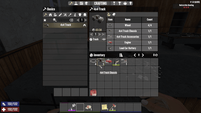Zbierz koła, silnik, akumulator i podwozie, aby stworzyć ciężarówkę w 7 Days to Die.