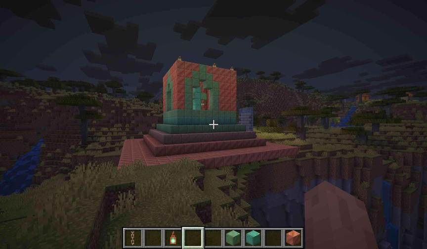 A cathedral dome in Minecraft showcases a gradient from bright copper at the foundation to oxidized teal at the spire, capturing a sense of natural decay.