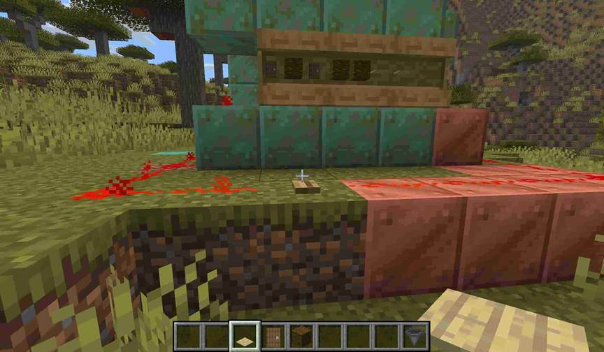 Three powered birch shelves in Minecraft connect in a row, instantly replacing a player’s entire hotbar when activated.