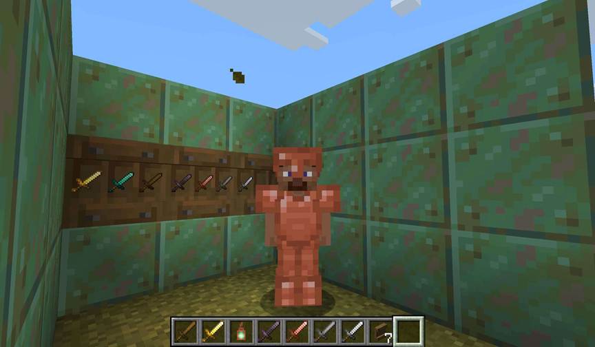 In Minecraft, a player crafts six spruce shelves from stripped spruce logs, then mounts them on a wall to create a compact storage display.