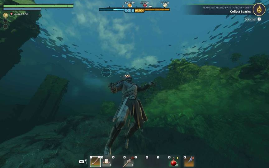 The lake’s still eastern quadrant conceals the safest dive route into the spire in Enshrouded.