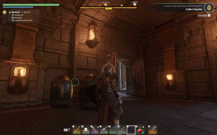 Energy beacons flash across the puzzle chamber as the central door unlocks in Enshrouded.