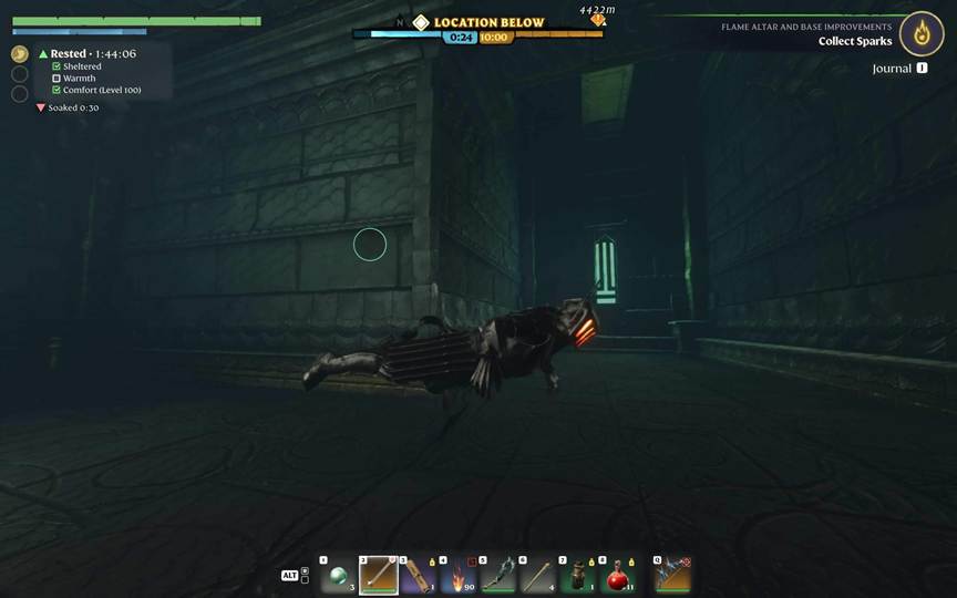 The Flame ignites at the summit, completing the spire’s restoration in Enshrouded.
