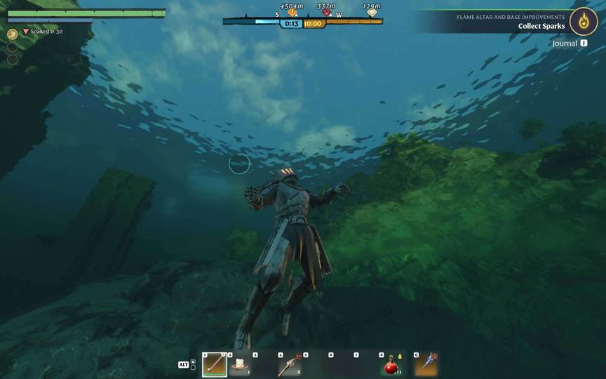 A diver moving beneath the surface of a shallow lake in Enshrouded.