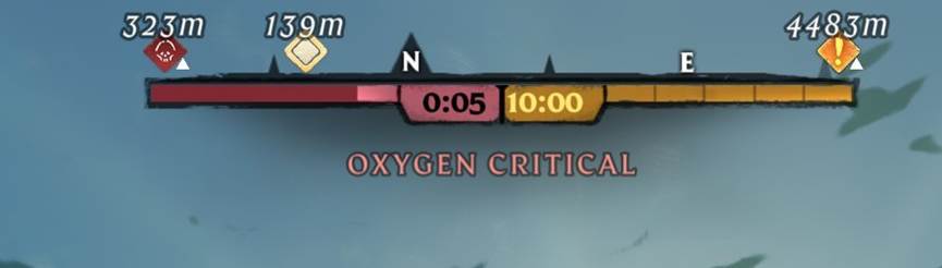 An oxygen meter ticking down as the player descends into Veilwater Basin in Enshrouded.