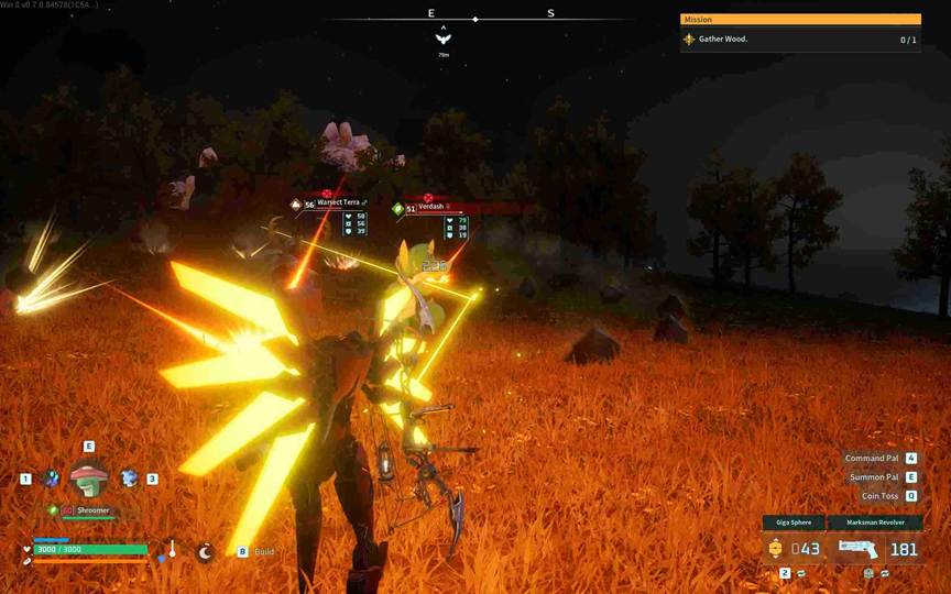 The ricochet shot snapping toward a nearby hostile Pal in Palworld.