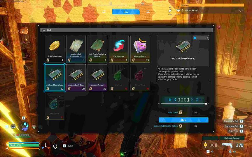 The Musclehead implant highlighted in the Surgery Table menu in Palworld.