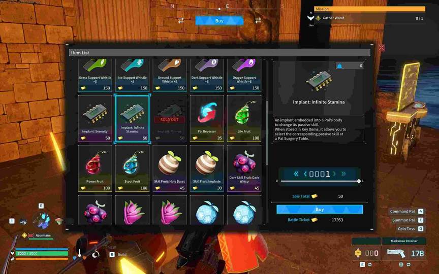 Purchasing an Arena implant with Battle Tickets in Palworld.