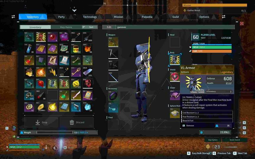 The V1 Armor stat screen displaying the Blood is Fuel effect in Palworld.