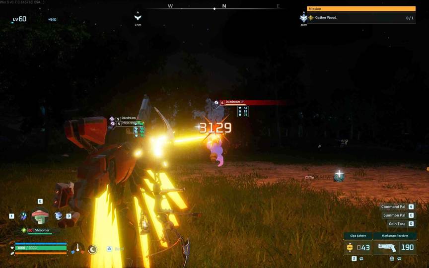A player gliding while firing the Marksman Revolver in Palworld.