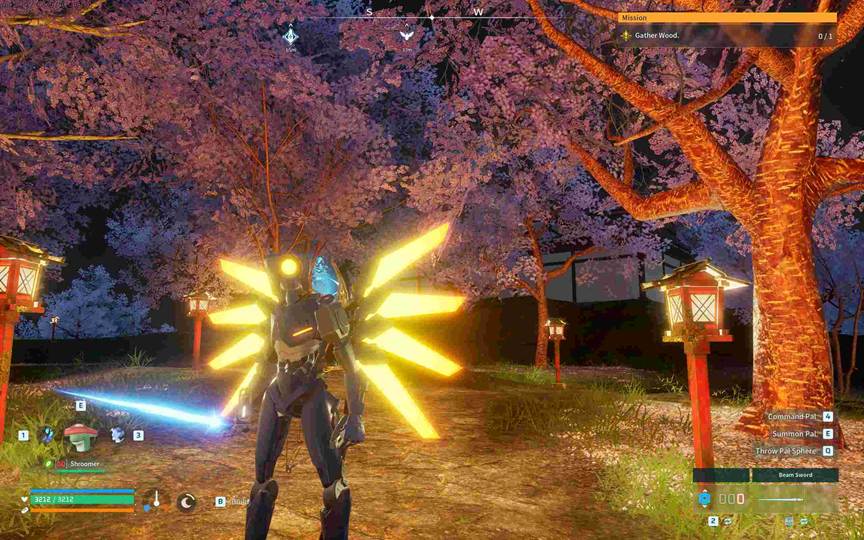 A beam sword chain flashing a heavier bonus strike in Palworld.