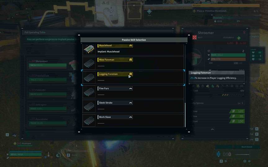 The Surgery Table interface displaying productivity-focused implants in Palworld.
