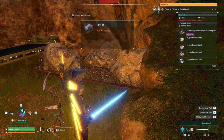 A player mining ore nodes faster with Mine Foreman active in Palworld.