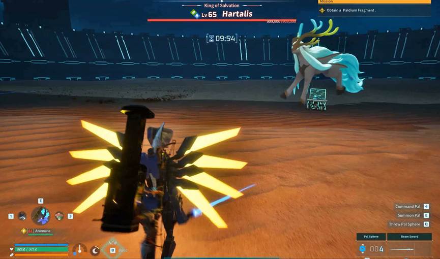 Hartalis emerging at the center of the raid arena in Palworld.