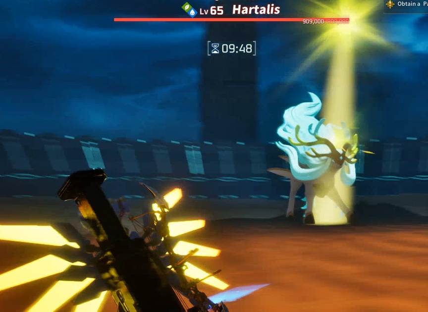 An elemental barrier forming around Hartalis during combat in Palworld.