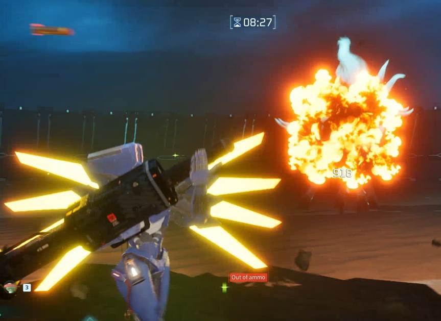 Player weapon fire supporting Pal damage during a barrier phase in Palworld.