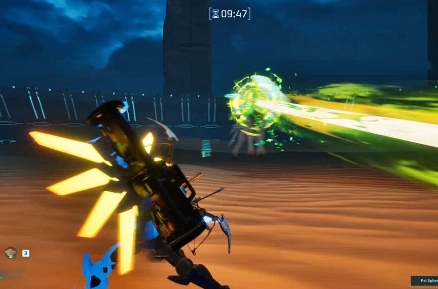 Dodging wide-area attacks during the Hartalis raid in Palworld.