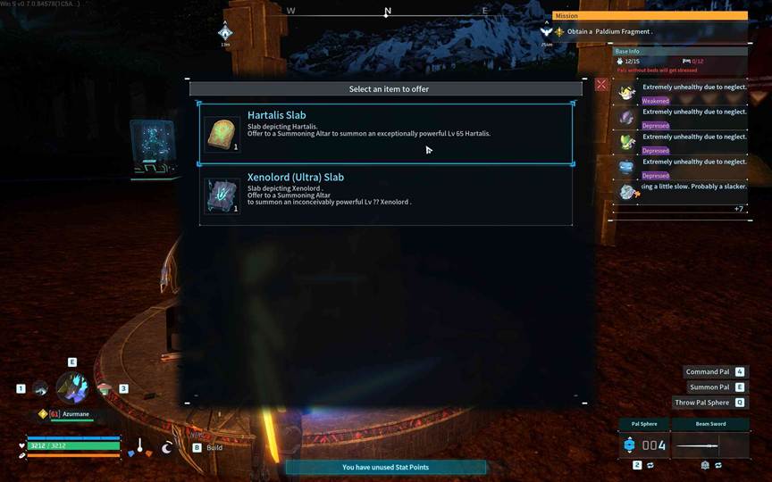 The Summoning Altar interface awaiting a slab offering in Palworld.