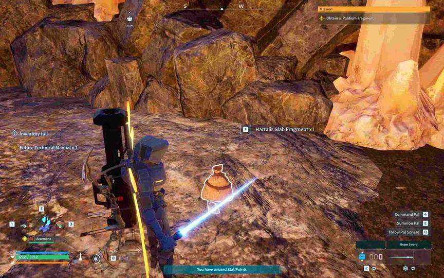 Crafting a Hartalis Slab from fragments at a base workbench in Palworld.
