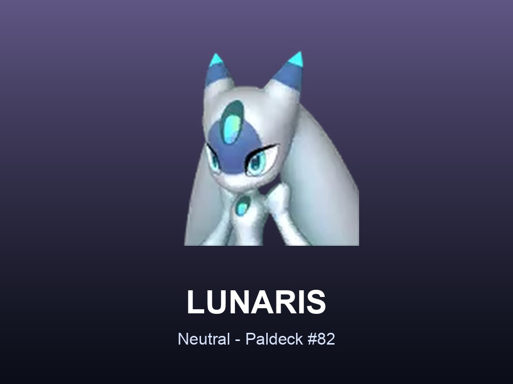 Lunaris hero card showing the Neutral Pal Lunaris, Paldeck #82, against a violet gradient.