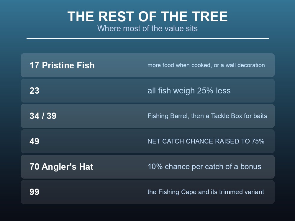Card explaining that fish are the best healing items since potions were removed.