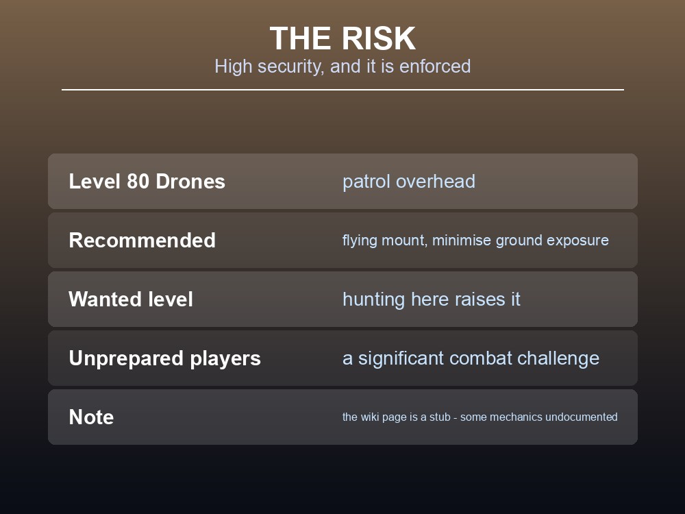 Card explaining the sanctuary security threat: Level 80 drones, wanted level and the recommendation to fly.