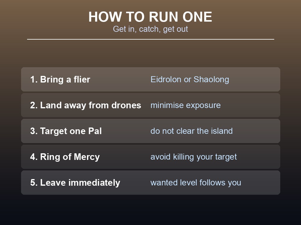 Card listing the five-step approach to a sanctuary run: fly in, land clear, target one Pal, use Mercy, leave.