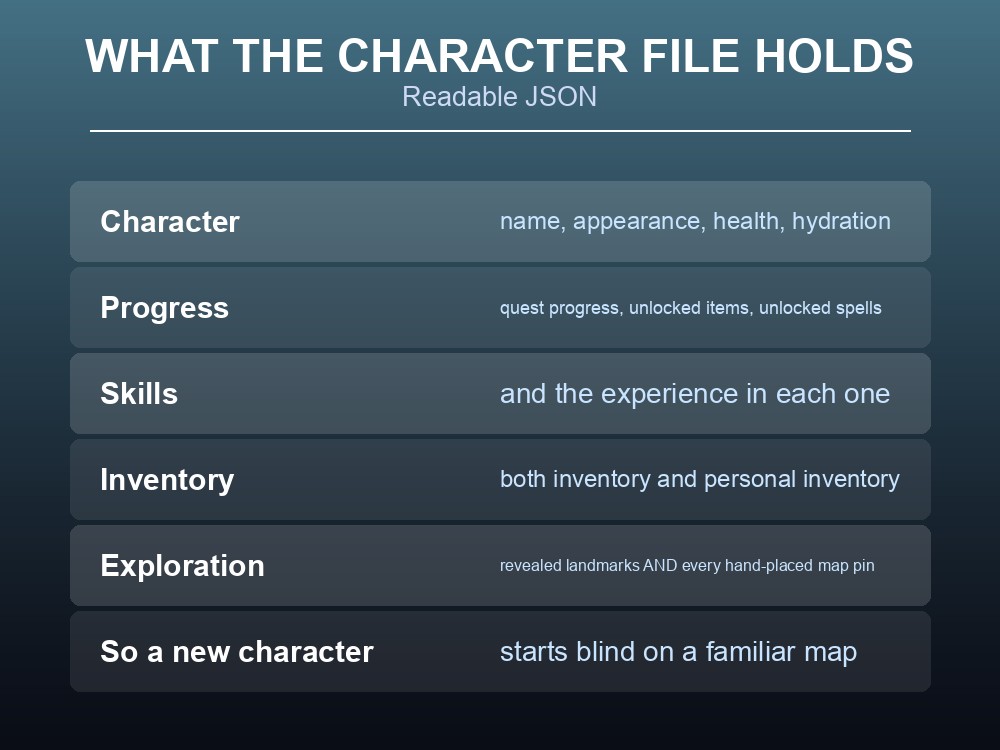Card listing what a Dragonwilds character save file stores.