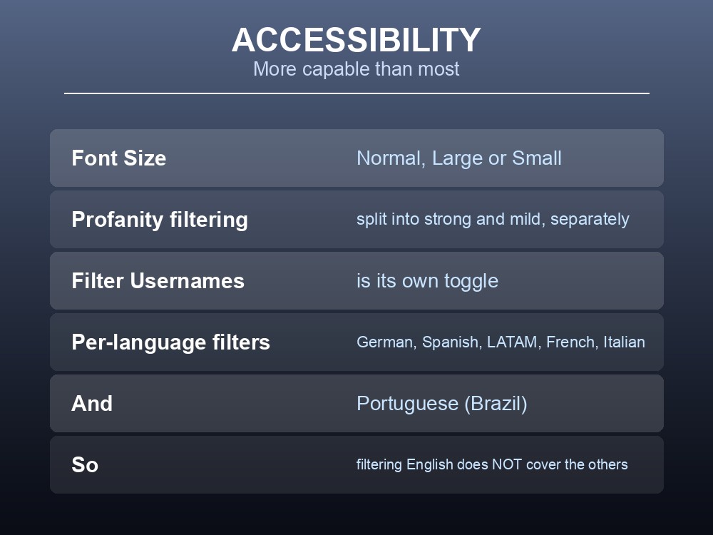 Card listing Dragonwilds accessibility and language filtering options.