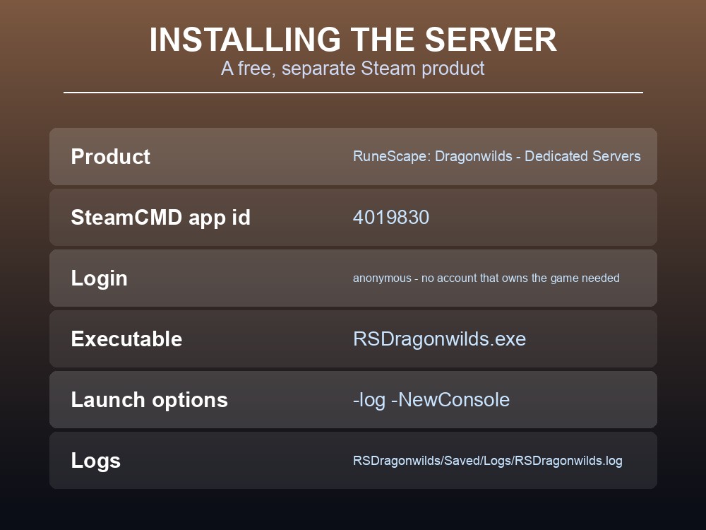 Card showing the SteamCMD command and launch options for a Dragonwilds server.