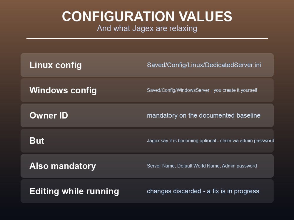 Card listing the mandatory and optional Dragonwilds server configuration values.