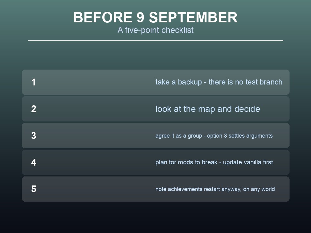 Card listing the checklist to run before the Valheim 1.0 update.