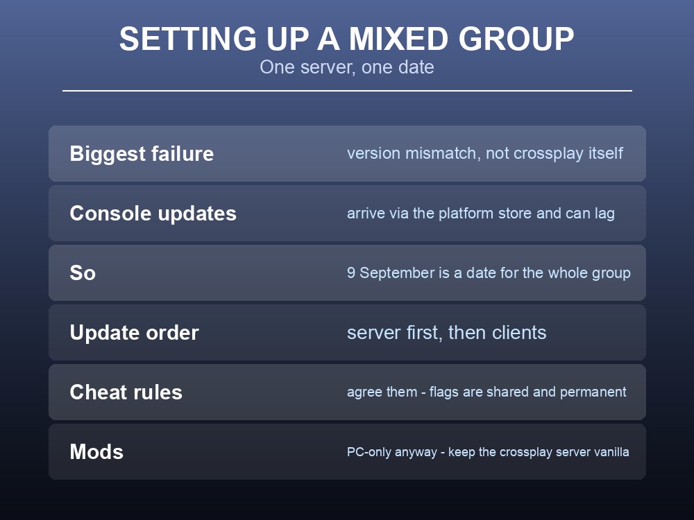 Card giving practical setup advice for a mixed-platform Valheim group.