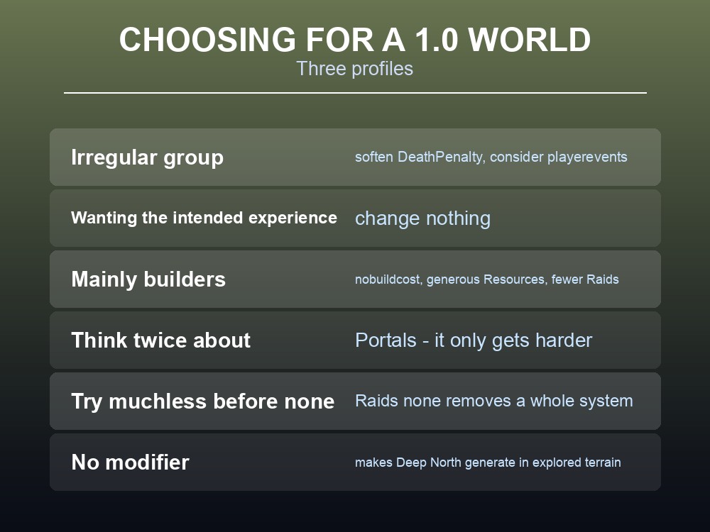 Card giving practical modifier recommendations for a fresh Valheim 1.0 world.